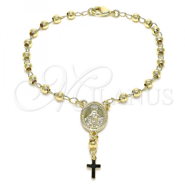 Oro Laminado Bracelet Rosary, Gold Filled Style Virgen Maria and Cross Design, Polished, Golden Finish, 09.213.0023.08