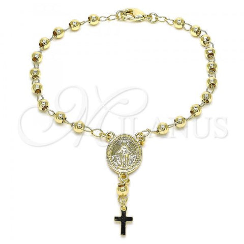 Oro Laminado Bracelet Rosary, Gold Filled Style Virgen Maria and Cross Design, Polished, Golden Finish, 09.213.0023.08