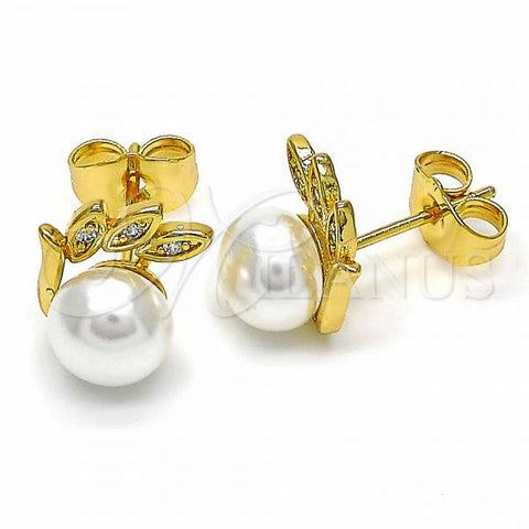 Oro Laminado Stud Earring, Gold Filled Style with White Cubic Zirconia and Ivory Pearl, Polished, Golden Finish, 02.344.0026