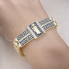 Oro Laminado Fancy Bracelet, Gold Filled Style San Judas and Greek Key Design, with White Micro Pave, Black Enamel Finish, Golden Finish, 03.411.0012.08