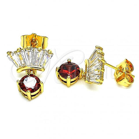 Oro Laminado Stud Earring, Gold Filled Style with Garnet and White Cubic Zirconia, Polished, Golden Finish, 02.387.0104.1