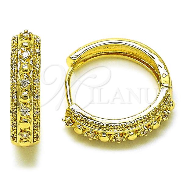 Oro Laminado Huggie Hoop, Gold Filled Style with White Cubic Zirconia and White Micro Pave, Polished, Golden Finish, 02.210.0852.23