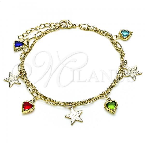Oro Laminado Charm Bracelet, Gold Filled Style Star and Heart Design, with Multicolor Cubic Zirconia, Polished, Golden Finish, 03.213.0214.07