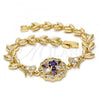 Oro Laminado Fancy Bracelet, Gold Filled Style Flower and Leaf Design, with Amethyst and White Cubic Zirconia, Polished, Golden Finish, 03.210.0042.2.08