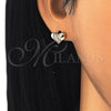 Oro Laminado Stud Earring, Gold Filled Style Heart Design, with White Micro Pave, Polished, Golden Finish, 02.213.0143