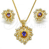 Oro Laminado Earring and Pendant Adult Set, Gold Filled Style with Amethyst and White Crystal, Polished, Golden Finish, 10.160.0122.2