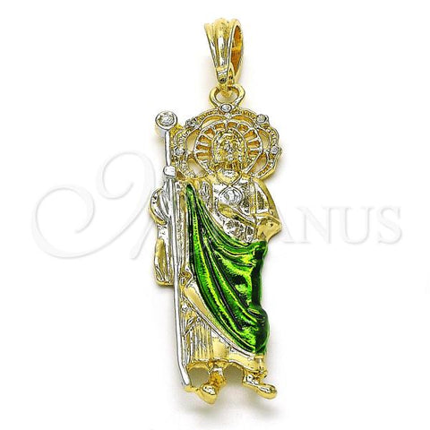 Oro Laminado Religious Pendant, Gold Filled Style San Judas Design, with White Crystal, Diamond Cutting Finish, Tricolor, 05.196.0016