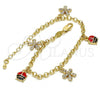 Oro Laminado Charm Bracelet, Gold Filled Style Flower and Ladybug Design, with White Crystal, Multicolor Enamel Finish, Golden Finish, 03.63.1364.07