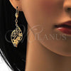 Oro Laminado Dangle Earring, Gold Filled Style Leaf and Flower Design, with White Crystal, Diamond Cutting Finish, Golden Finish, 64.014