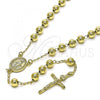 Oro Laminado Medium Rosary, Gold Filled Style San Lazaro and Crucifix Design, Polished, Golden Finish, 09.213.0019.26