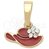Oro Laminado Fancy Pendant, Gold Filled Style Hat and Flower Design, with White Crystal, Red Enamel Finish, Golden Finish, 05.163.0056.3