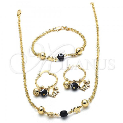 Oro Laminado Necklace, Bracelet and Earring, Gold Filled Style Elephant and Evil Eye Design, Black Resin Finish, Golden Finish, 06.63.0225