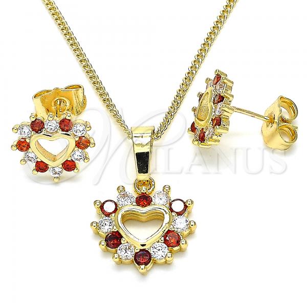 Oro Laminado Earring and Pendant Adult Set, Gold Filled Style Heart Design, with Garnet and White Cubic Zirconia, Polished, Golden Finish, 10.233.0042.1
