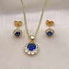 Oro Laminado Earring and Pendant Adult Set, Gold Filled Style Flower Design, with Sapphire Blue and White Cubic Zirconia, Polished, Golden Finish, 10.199.0086.10
