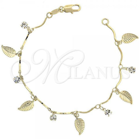 Oro Laminado Charm Bracelet, Gold Filled Style Leaf Design, with White Cubic Zirconia, Polished, Golden Finish, 03.63.1053.07