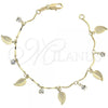 Oro Laminado Charm Bracelet, Gold Filled Style Leaf Design, with White Cubic Zirconia, Polished, Golden Finish, 03.63.1053.07