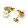 Oro Laminado Stud Earring, Gold Filled Style Crown Design, with Ivory Pearl and White Micro Pave, Polished, Golden Finish, 02.342.0239