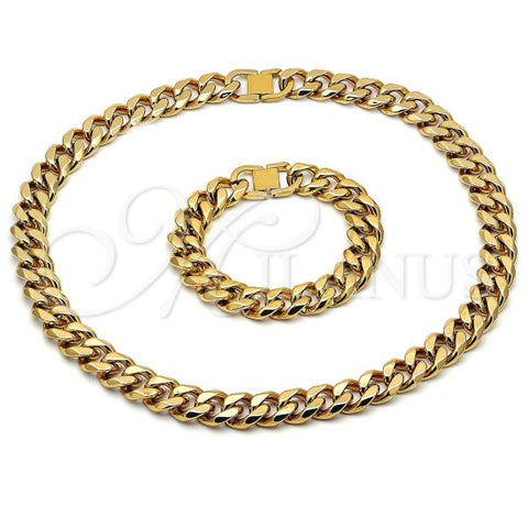 Stainless Steel Necklace and Bracelet, Miami Cuban Design, Polished, Golden Finish, 06.116.0056.1