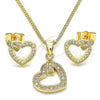 Oro Laminado Earring and Pendant Adult Set, Gold Filled Style Heart Design, with White Micro Pave, Polished, Golden Finish, 10.156.0281