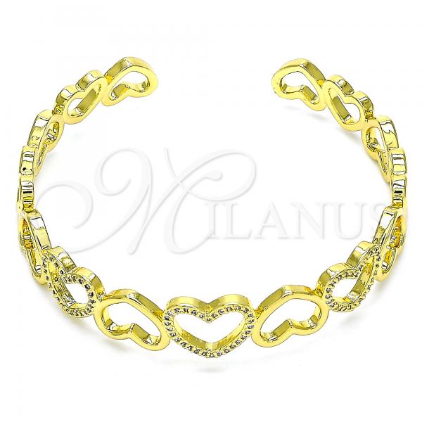 Oro Laminado Individual Bangle, Gold Filled Style Heart Design, with White Micro Pave, Polished, Golden Finish, 07.341.0007