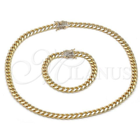 Oro Laminado Necklace and Bracelet, Gold Filled Style Miami Cuban Design, with White Micro Pave, Polished, Golden Finish, 06.156.0001