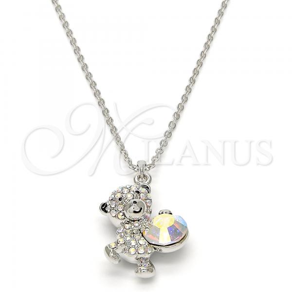 Rhodium Plated Pendant Necklace, Teddy Bear Design, with Aurore Boreale Swarovski Crystals, Black Enamel Finish, Rhodium Finish, 04.239.0041.2.18