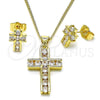 Oro Laminado Earring and Pendant Adult Set, Gold Filled Style Cross Design, with White Cubic Zirconia, Polished, Golden Finish, 10.156.0477