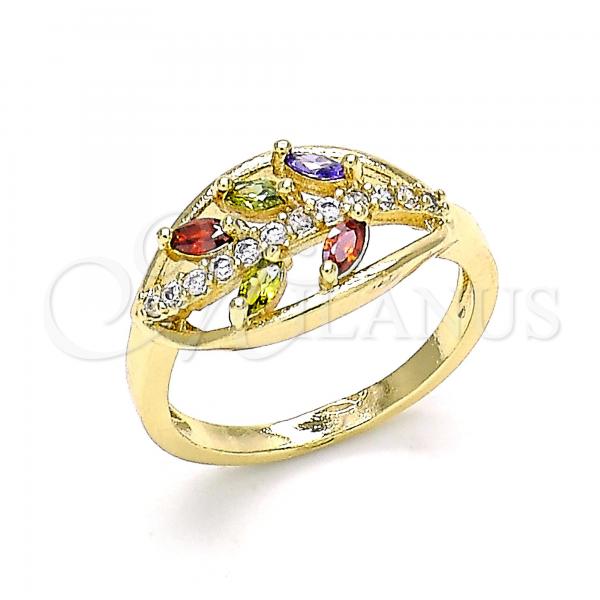 Oro Laminado Multi Stone Ring, Gold Filled Style Leaf Design, with Multicolor Cubic Zirconia and White Micro Pave, Polished, Golden Finish, 01.210.0141.08