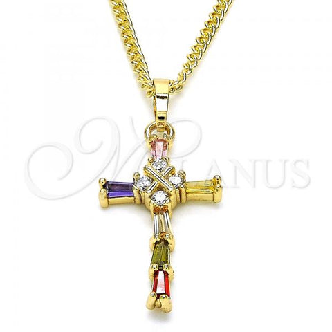 Oro Laminado Pendant Necklace, Gold Filled Style Cross Design, with Multicolor Cubic Zirconia, Polished, Golden Finish, 04.284.0008.3.20