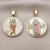 Oro Laminado Religious Pendant, Gold Filled Style Guadalupe and San Judas Design, Diamond Cutting Finish, Two Tone, 05.120.0102