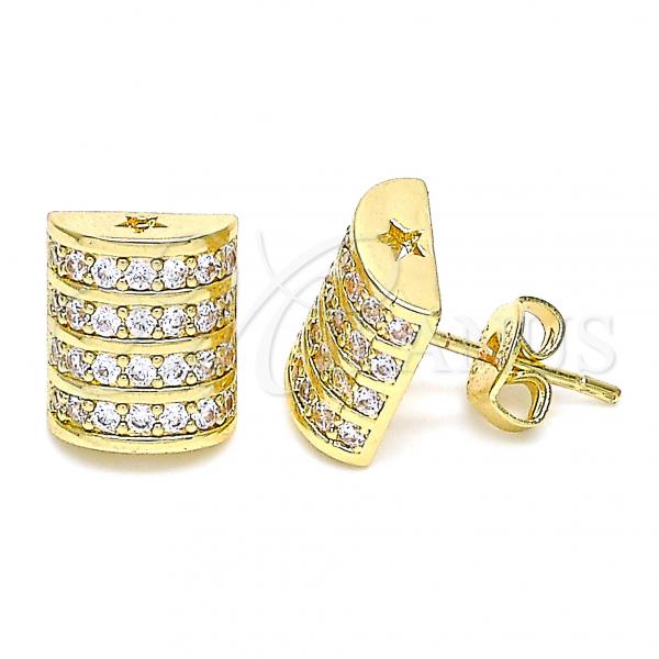 Oro Laminado Stud Earring, Gold Filled Style with White Micro Pave, Polished, Golden Finish, 02.195.0113