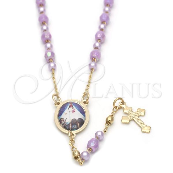 Oro Laminado Thin Rosary, Gold Filled Style Caridad del Cobre and Cross Design, with Violet Crystal, Polished, Golden Finish, 09.02.0023.18