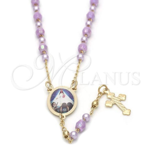Oro Laminado Thin Rosary, Gold Filled Style Caridad del Cobre and Cross Design, with Violet Crystal, Polished, Golden Finish, 09.02.0023.18