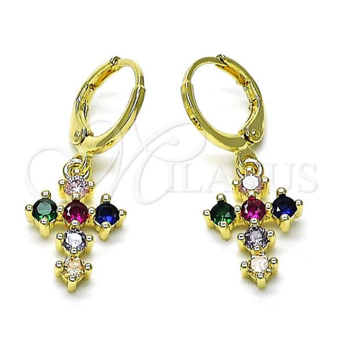 Oro Laminado Dangle Earring, Gold Filled Style Cross Design, with Multicolor Cubic Zirconia, Polished, Golden Finish, 02.196.0102.1
