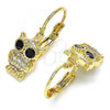 Oro Laminado Leverback Earring, Gold Filled Style Owl Design, with White and Black Micro Pave, Polished, Golden Finish, 02.210.0380