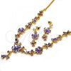 Oro Laminado Necklace and Earring, Gold Filled Style Flower and Teardrop Design, with Amethyst Cubic Zirconia, Polished, Golden Finish, 06.221.0016.1