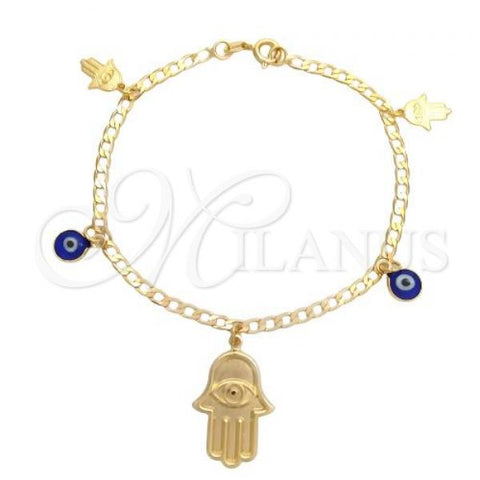 Oro Laminado Charm Bracelet, Gold Filled Style Evil Eye and Hand of God Design, Polished, Golden Finish, 03.58.0044.07