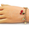 Oro Laminado Charm Bracelet, Gold Filled Style Cherry and Heart Design, Red Enamel Finish, Golden Finish, 03.282.0005.07