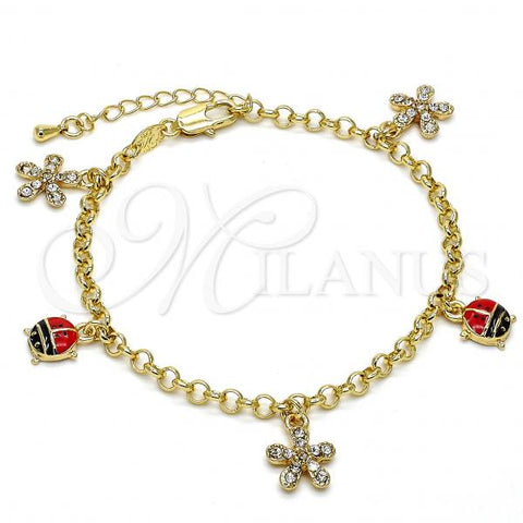Oro Laminado Charm Bracelet, Gold Filled Style Flower and Ladybug Design, with White Crystal, Multicolor Enamel Finish, Golden Finish, 03.63.1364.07