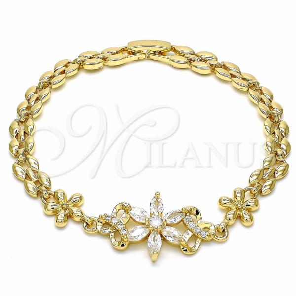 Oro Laminado Fancy Bracelet, Gold Filled Style Flower Design, with White Cubic Zirconia, Polished, Golden Finish, 03.357.0010.07