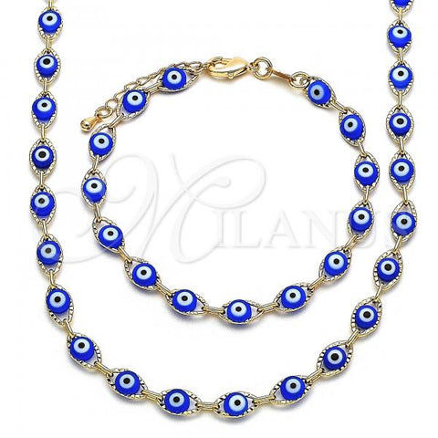 Oro Laminado Necklace and Bracelet, Gold Filled Style Evil Eye Design, Blue Resin Finish, Golden Finish, 06.63.0199.1