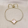 Oro Laminado Adjustable Bolo Bracelet, Gold Filled Style Four-leaf Clover and Box Design, with Pink Mother of Pearl and White Cubic Zirconia, Polished, Golden Finish, 03.341.0235.2.11