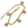 Oro Laminado Charm Bracelet, Gold Filled Style Butterfly and Rolo Design, with White Crystal, Pink Enamel Finish, Golden Finish, 03.63.1363.07