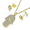 Oro Laminado Earring and Pendant Adult Set, Gold Filled Style Hand of God Design, with White Micro Pave and White Cubic Zirconia, Polished, Golden Finish, 10.156.0358