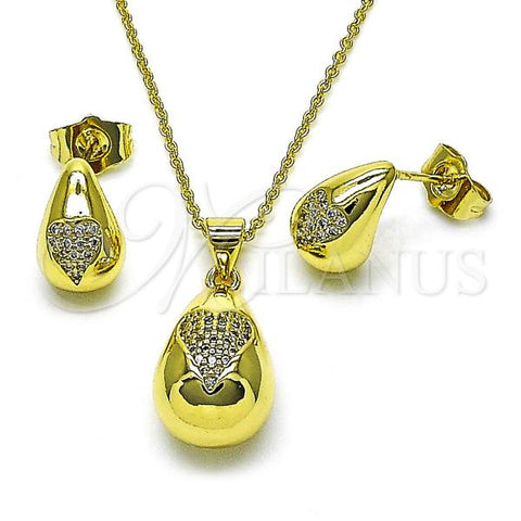 Oro Laminado Earring and Pendant Adult Set, Gold Filled Style Chunky and Heart Design, with White Micro Pave, Polished, Golden Finish, 10.156.0498