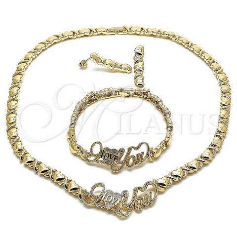 Oro Laminado Necklace, Bracelet and Earring, Gold Filled Style Hugs and Kisses and Love Design, Polished, Golden Finish, 06.372.0003