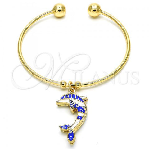 Oro Laminado Individual Bangle, Gold Filled Style Dolphin Design, with White Crystal, Blue Enamel Finish, Golden Finish, 07.63.0205.3 (02 MM Thickness, One size fits all)
