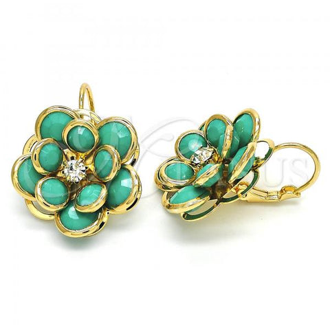 Oro Laminado Leverback Earring, Gold Filled Style Flower Design, with Turquoise and White Crystal, Polished, Golden Finish, 02.64.0640