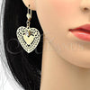 Oro Laminado Dangle Earring, Gold Filled Style Heart Design, with White Crystal, Diamond Cutting Finish, Golden Finish, 69.013