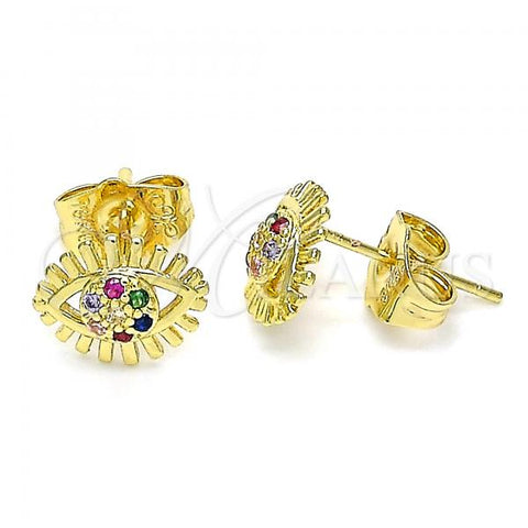 Oro Laminado Stud Earring, Gold Filled Style Evil Eye Design, with Multicolor Micro Pave, Polished, Golden Finish, 02.156.0542.1